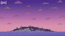 a cartoon drawing of a small island in the middle of the ocean with a purple sky