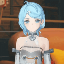 a blue haired anime girl with a flower on her head