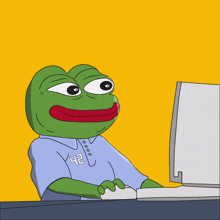 a cartoon of a frog sitting in front of a computer with the words buy $ km on the bottom