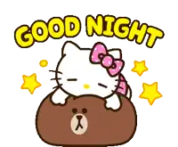 a hello kitty laying on top of a brown bear with the words good night written above her