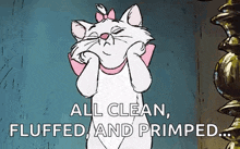 marie from the aristocats is cleaning her face with a towel and says `` all clean , fluffed and primped ... ''