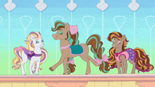 three ponies are standing next to each other in a cartoon