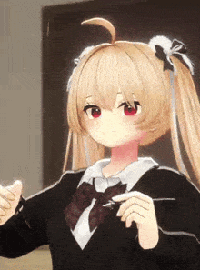 a girl with blonde hair and red eyes is wearing a bow tie