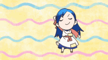 a cartoon drawing of a girl with blue hair giving a thumbs up sign