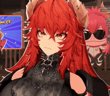 a girl with red hair and horns is standing in front of a sign that says boom gt