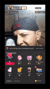 a screenshot of a tik live now app with a man wearing a black hat