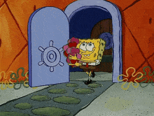 a cartoon of spongebob holding a bunch of hearts in a doorway
