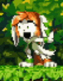 a pixel art of a dog with red hair and green clothes