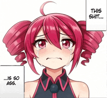 a girl with red hair is crying with the words " this shit " above her