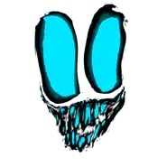 a drawing of a skull with two blue eyes