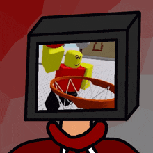 a cartoon of a man playing basketball with a hoop in front of his head