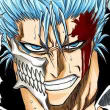 a drawing of a man with blue hair and a white skull on his face