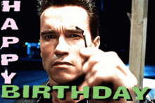 arnold schwarzenegger is pointing at the camera and the words happy birthday are behind him