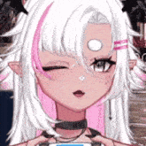 a close up of a girl 's face with white hair and pink streaks