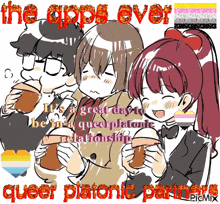 a drawing of three anime characters with the words " the apps ever queer platonic partners "