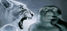 a painting of a lion with its mouth open and a monkey behind it
