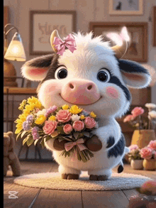 a cow with a pink bow on its head is holding a bunch of flowers