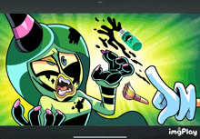 a cartoon drawing of a witch holding a brush and a bottle that says ' splat '