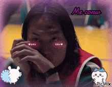 a picture of a girl with hearts on her cheeks and the words me coeur on the bottom