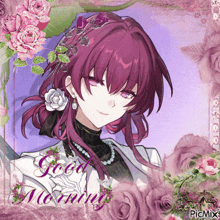 a picture of a girl with purple hair is surrounded by pink roses and says good morning