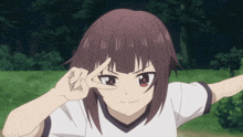 a girl with brown hair and red eyes is giving a peace sign