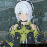 a girl with white hair and headphones is wearing a green and black outfit