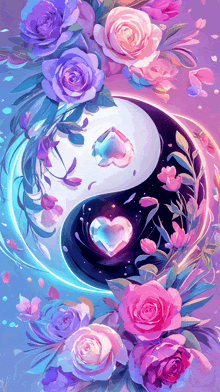 a painting of a yin yang symbol surrounded by pink roses and purple flowers