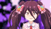 a cartoon girl with pigtails and bows in her hair