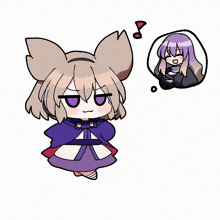 a cartoon drawing of a girl with purple hair and a thought bubble
