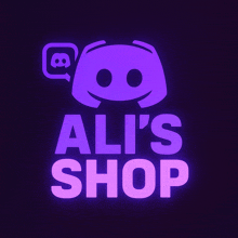 a purple logo for ali 's shop with a discord logo in the background