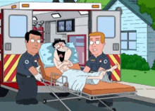 a cartoon of a man in an ambulance being pushed by two paramedics