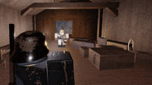 a room with wooden walls and a black helmet