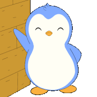 a blue and white penguin standing next to a stack of boxes