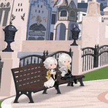 two cartoon characters sit on a wooden bench in front of a building