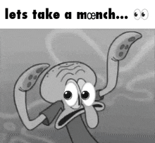 a black and white cartoon of squidward from spongebob squarepants with a surprised look on his face