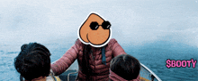 a woman in a boat with a sticker on her face that says ' booty '