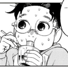 a black and white drawing of a boy wearing glasses drinking from a cup .