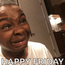 a man making a funny face with the words happy friday written below him