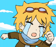 a cartoon of a boy wearing goggles and a scarf is crying