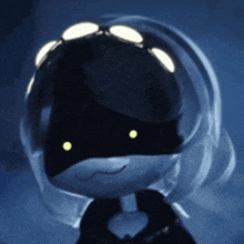 a cartoon character is wearing a black mask with yellow eyes ..