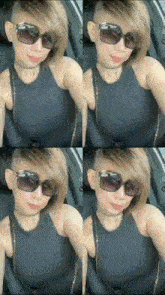 a woman wearing sunglasses and a choker poses for a picture in a car