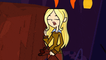 a cartoon character with blonde hair and a brown sweater