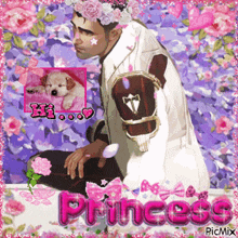 a man wearing a flower crown is surrounded by pink flowers and the words princess