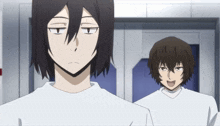 two anime characters are standing next to each other in a room
