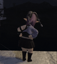a girl with purple hair is wearing a black skirt and a purple jacket