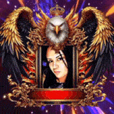 a picture of a woman in a frame with an eagle behind her