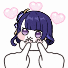 a cartoon drawing of a girl with purple hair and pink hearts around her head .