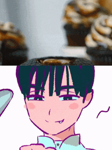 a drawing of a boy with a cupcake on his head and cupcakes in the background