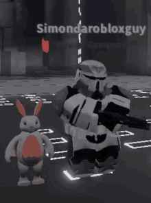 a robot with a gun is standing next to a stuffed bunny .
