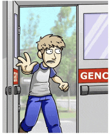 a cartoon of a man standing in front of a door that says genc